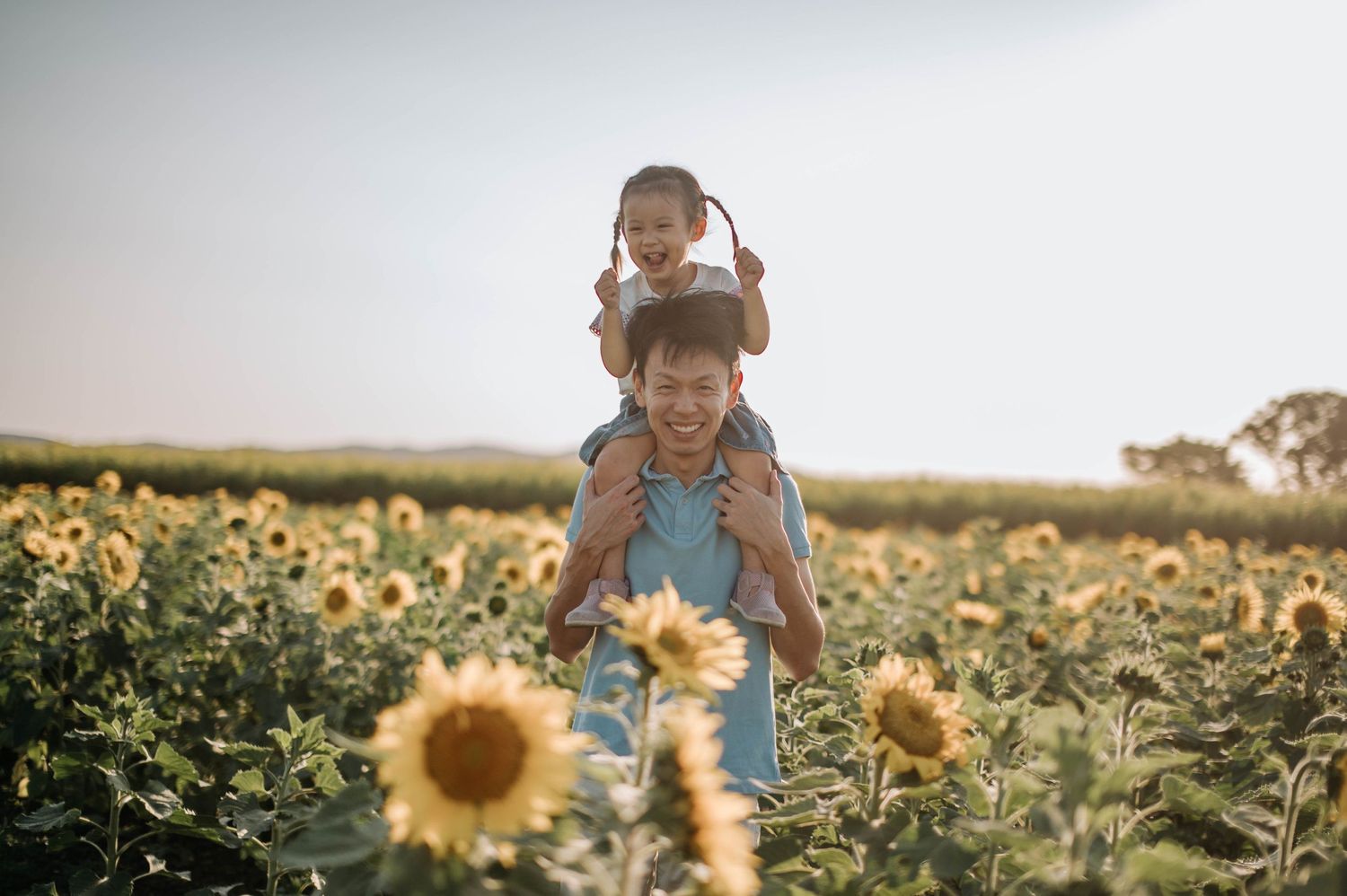 Playful moment captured in a sunflower field during golden hour.
