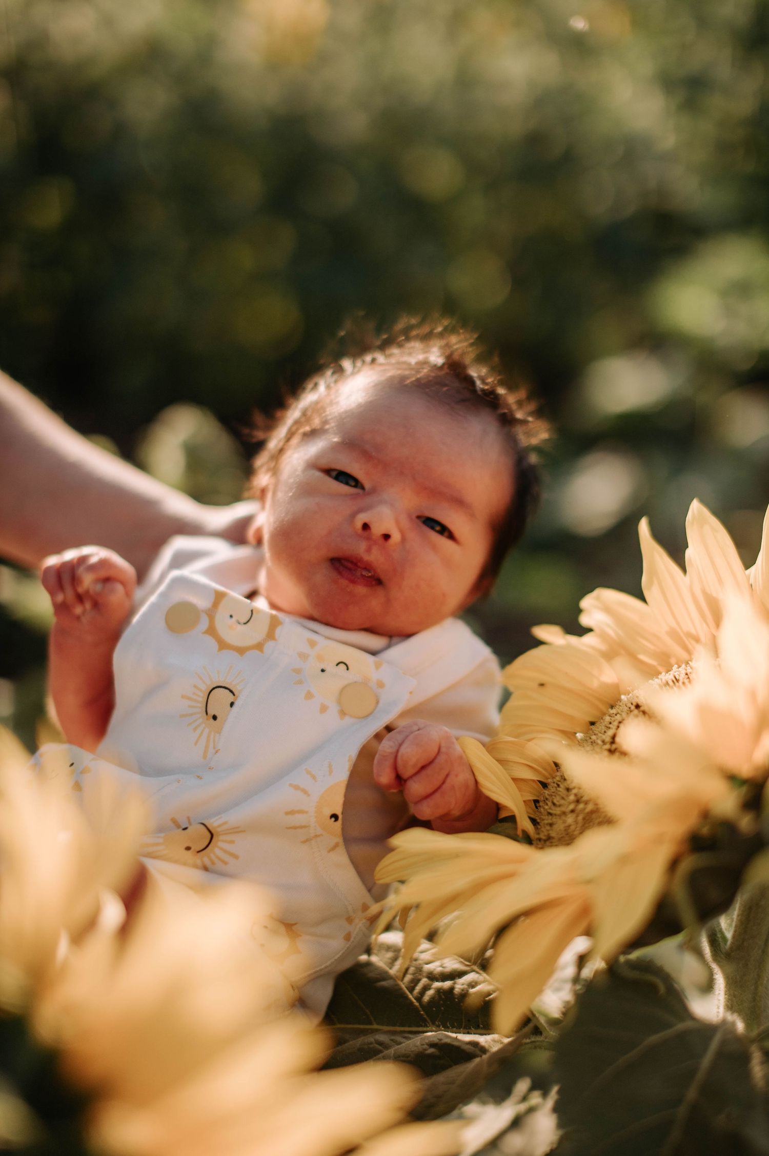 Close-up of smiling infant nestled among bright yellow sunflower petals.