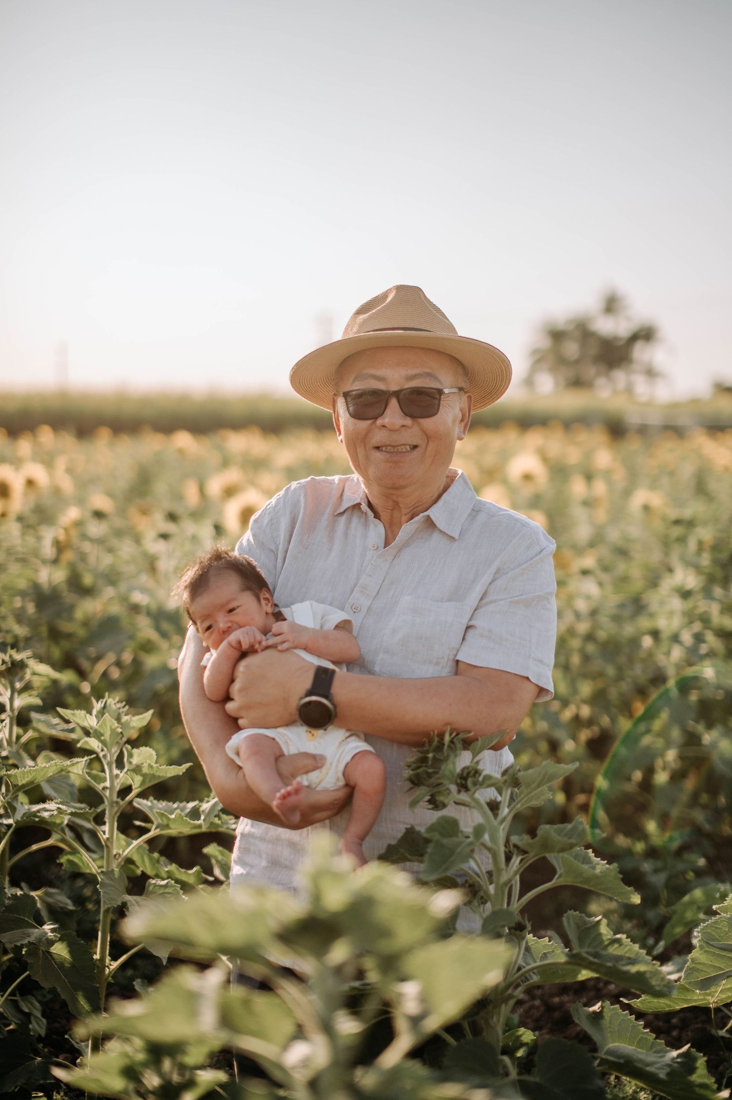 Grandparent in hat and sunglasses holds infant in sunny sunflower field.