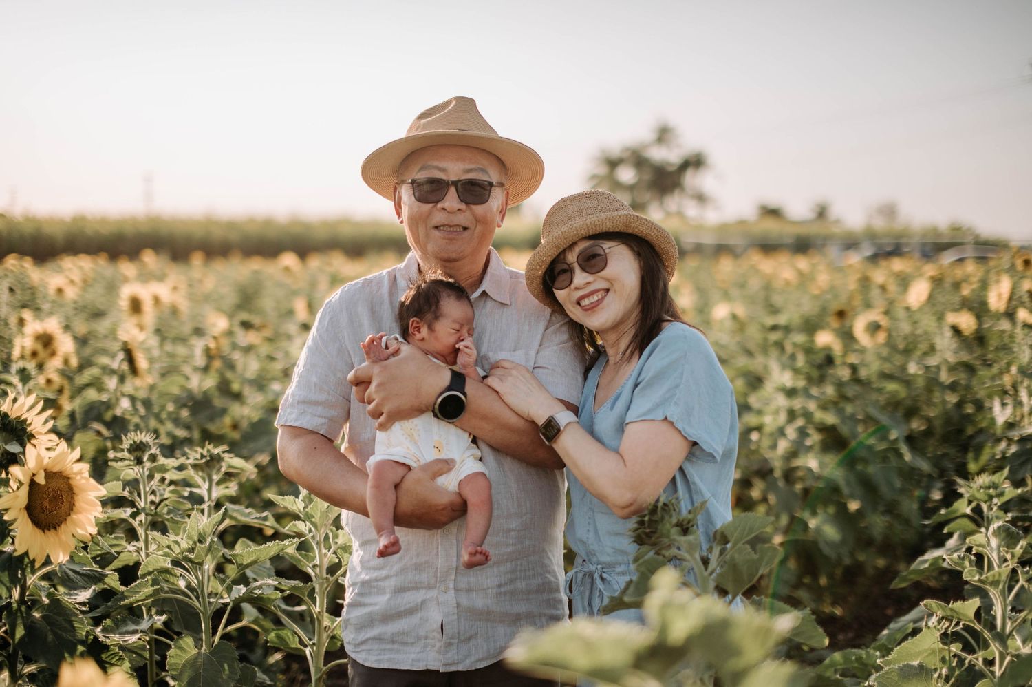 Couple wearing hats holds baby while posing in sunflower field at sunset.