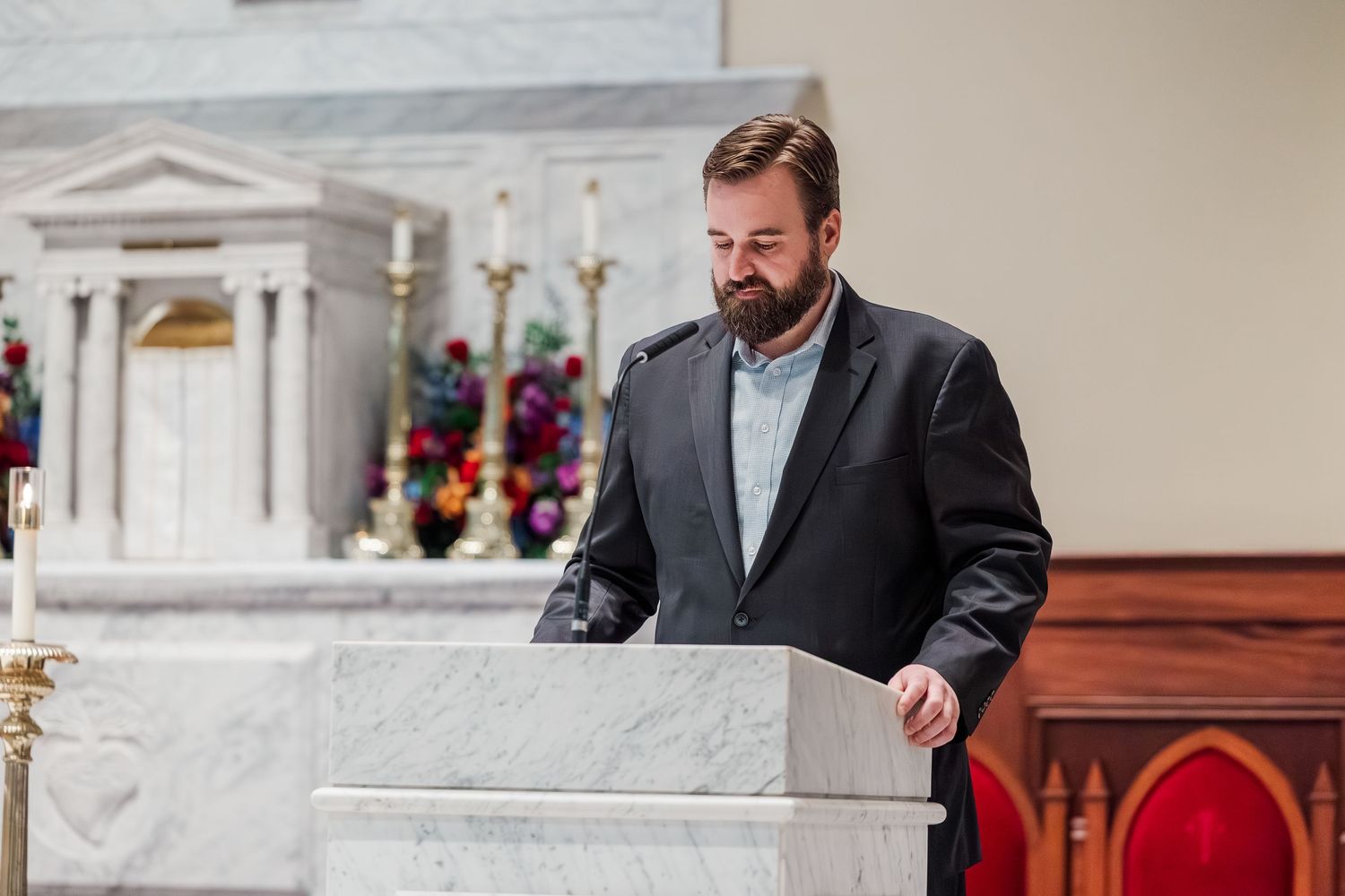 A series of photos showing someone in formal attire speaking and gesturing during what appears to be a church service.