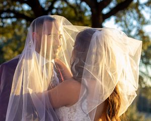A sequence of wedding photos showing a bride in a white veil during an outdoor photoshoot at golden hour.