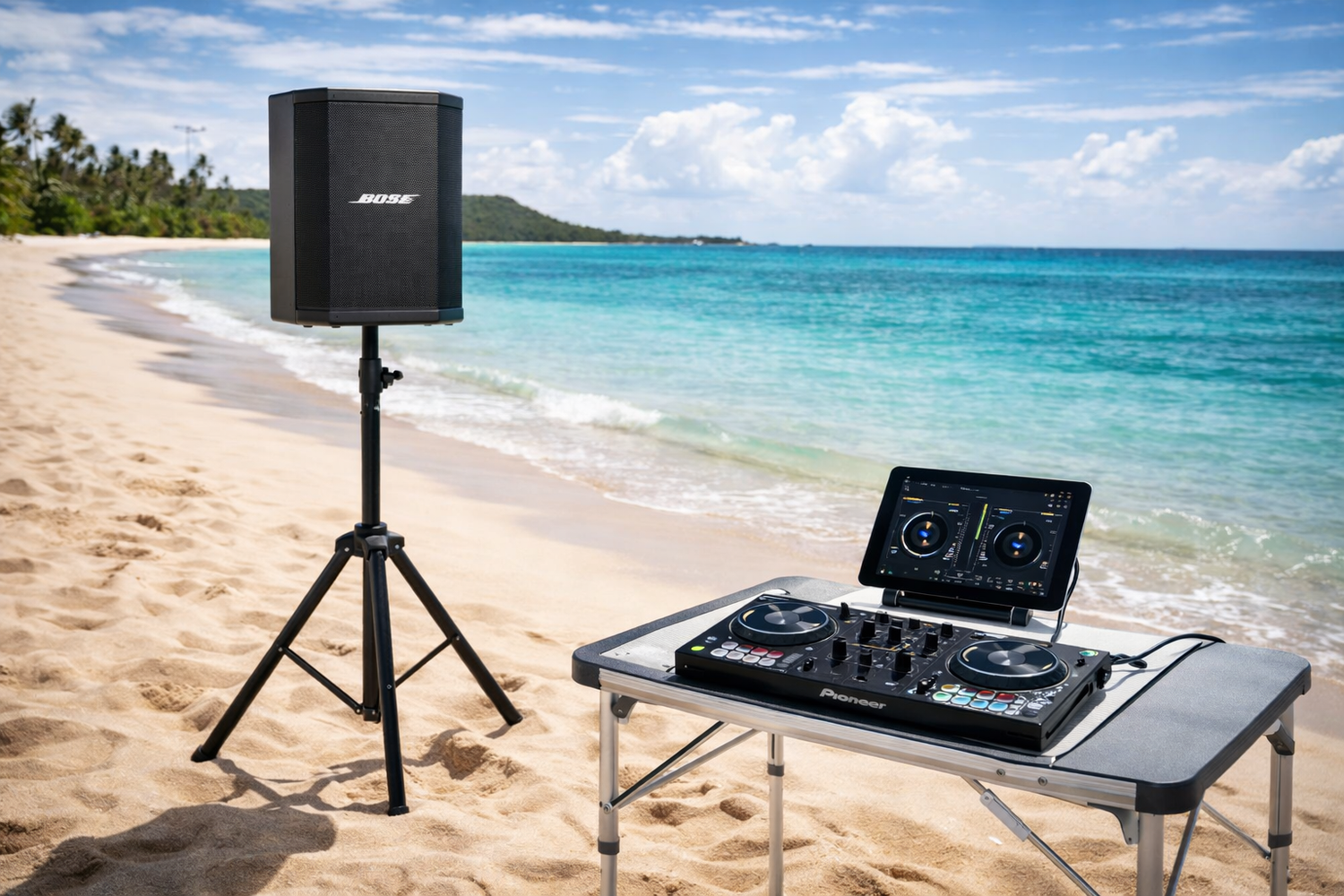 Professional DJ equipment setup on a pristine tropical beach with turntables and speakers against turquoise ocean waters.