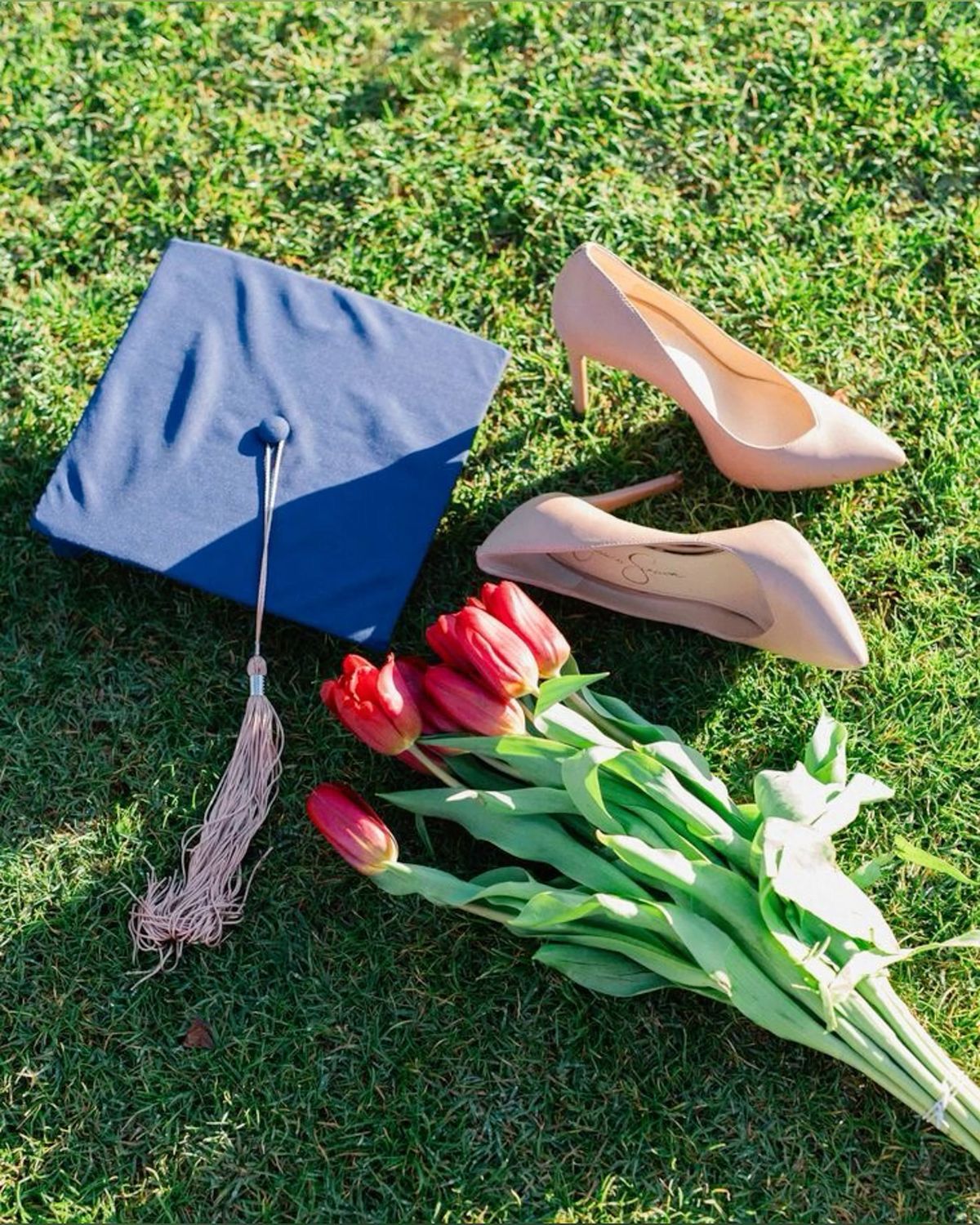 A graduation cap and tulips lying on green grass in sunlight.
