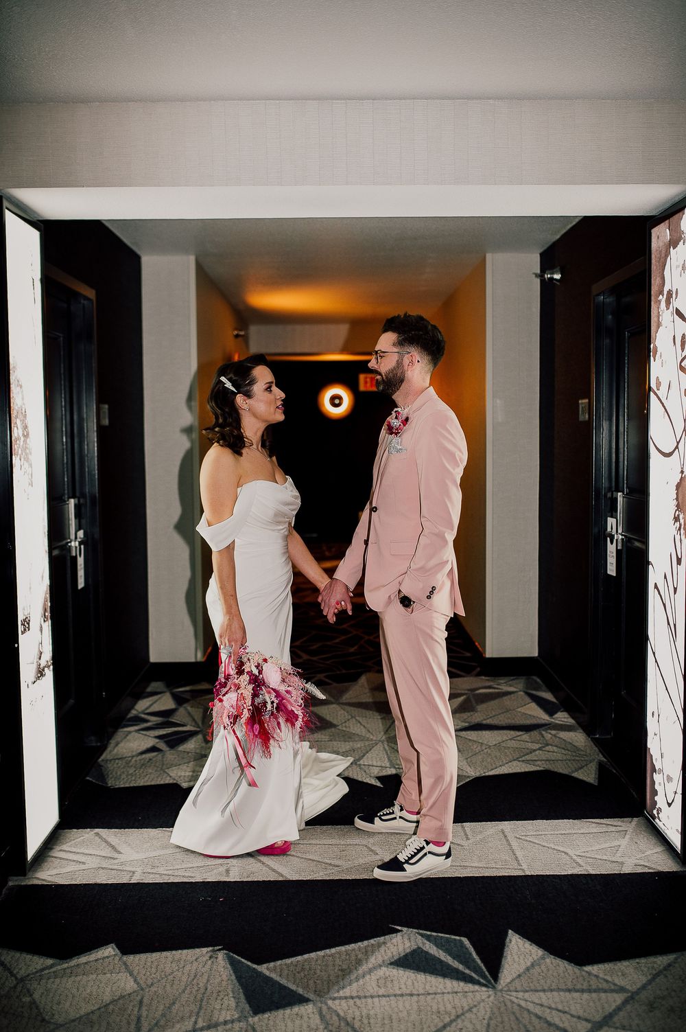 A creative photo series showing a couple in pink and white formal attire posing playfully in different frames of a room.