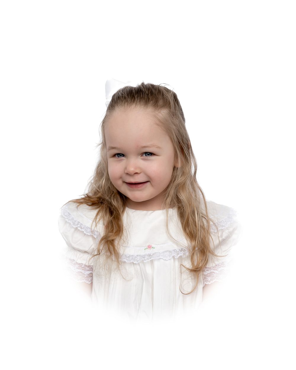 Young child with blonde hair wearing a white top smiles brightly in a three-part photo series.