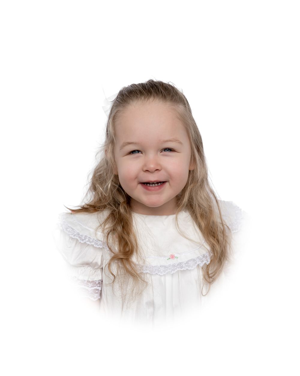 A young child with blonde hair wearing a white lace collar smiles brightly in a series of close-up portraits.