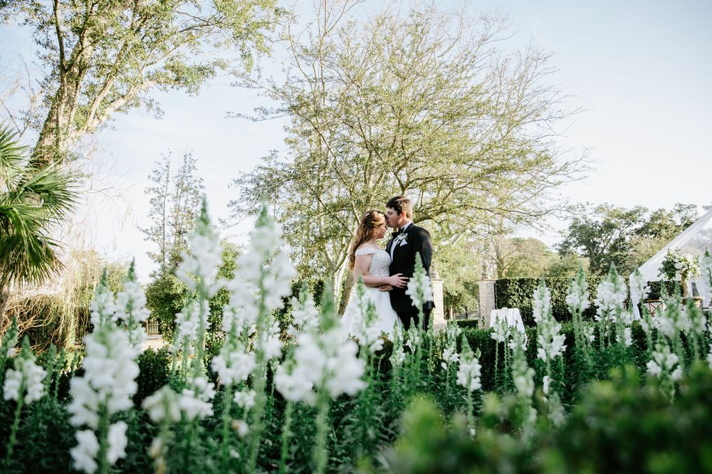 A couple stands together in a garden with white delphinium flowers blooming in the foreground on a sunny day.