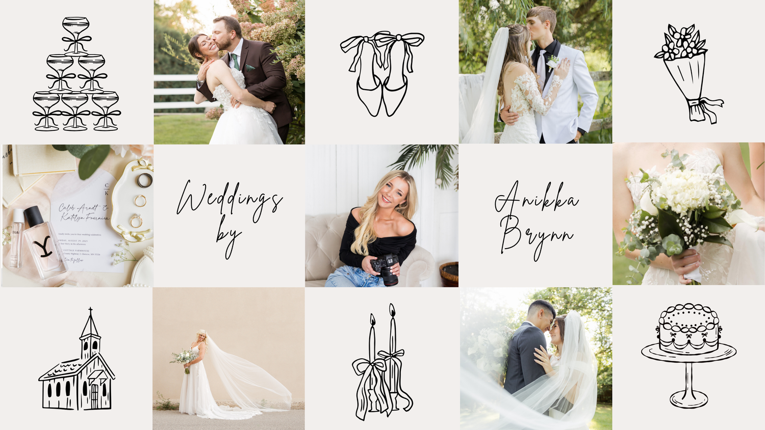 Collection of minimalist wedding themed line art icons and romantic couple photography in a grid layout.