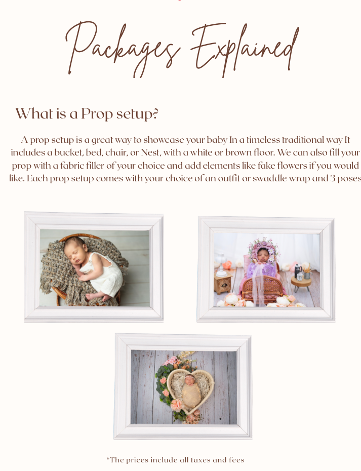 Collage of newborn photography props and setups showing white boxes, floral arrangements, and soft wrapping materials.