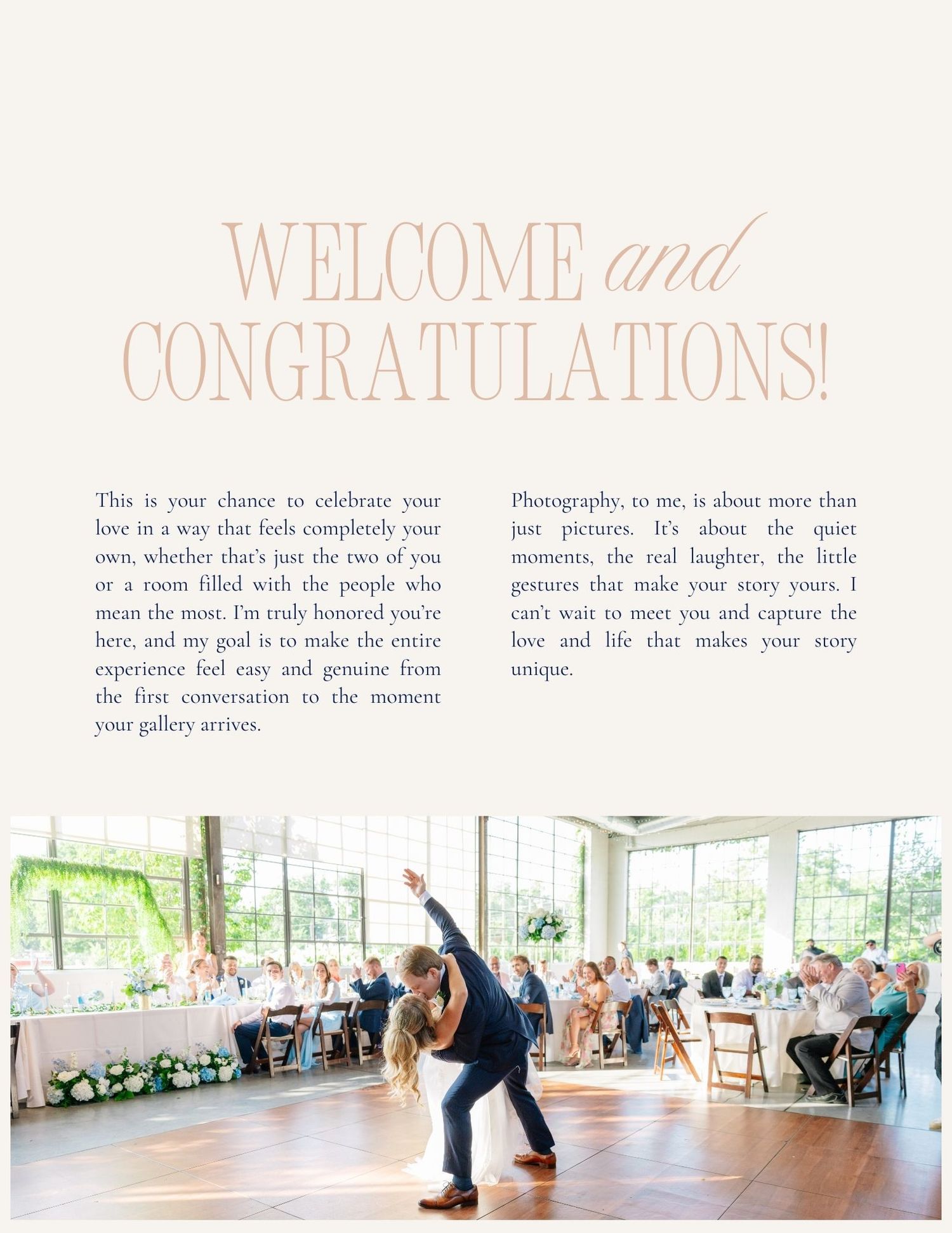 A wedding reception venue with pink welcome text and a dance floor surrounded by tables and floral decorations.