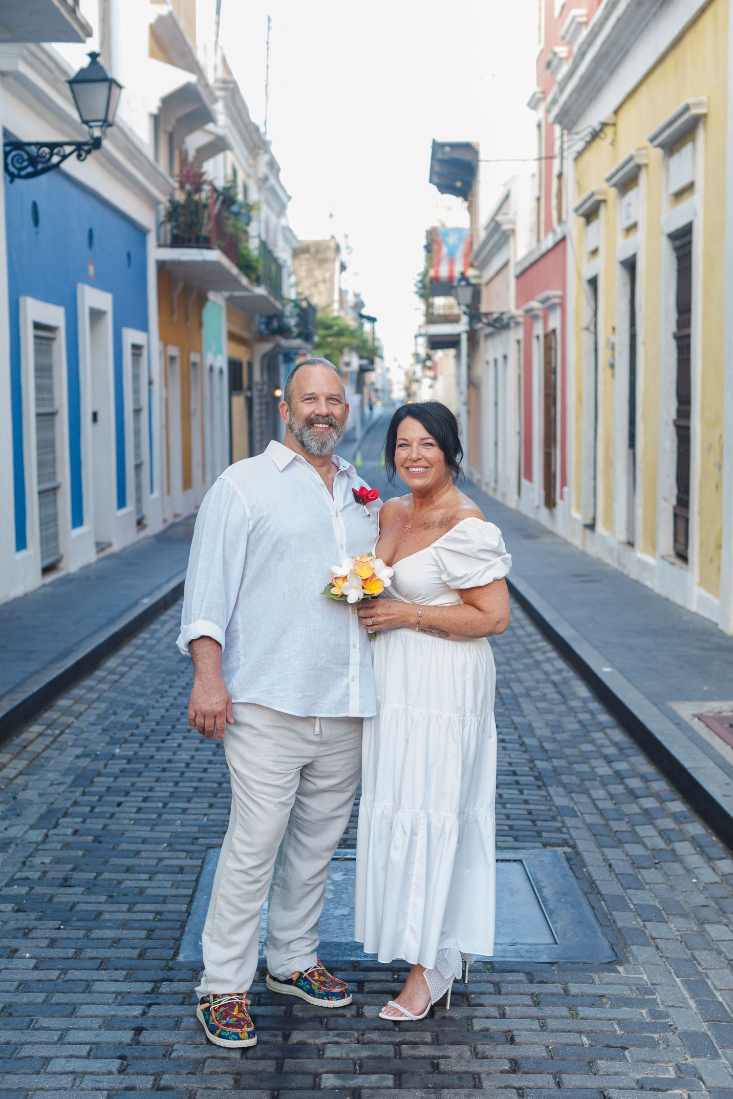 Wedding portrait. Colorful street in Old San Juan, Puerto Rico.