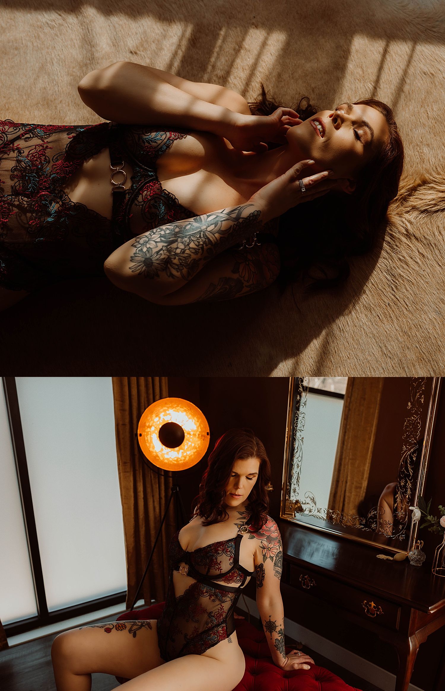 woman lies on the ground of studio by Wisconsin boudoir photographer