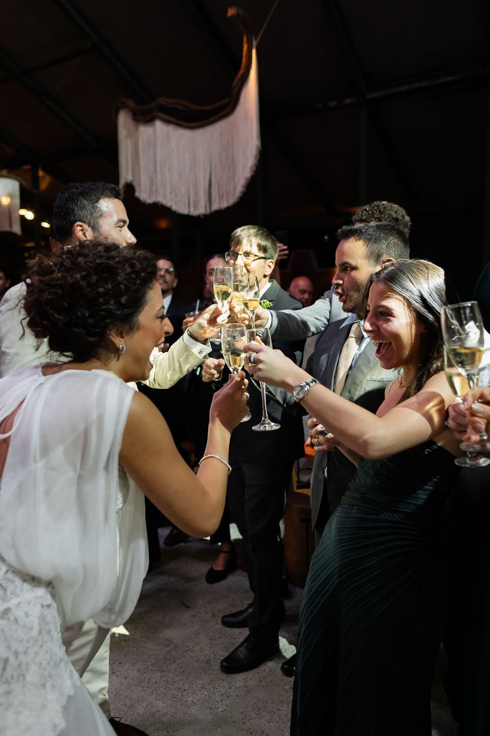 A group toasts with champagne glasses at a celebration event under decorative hanging drapery.