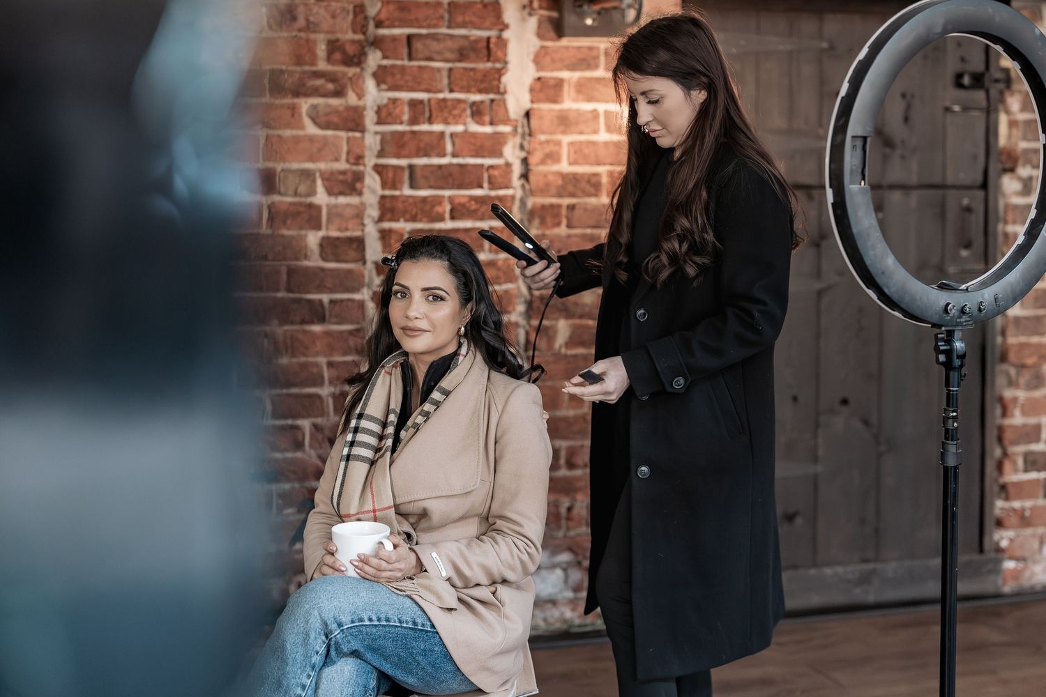 Bridal hair styling at a Yorkshire barn wedding venue.