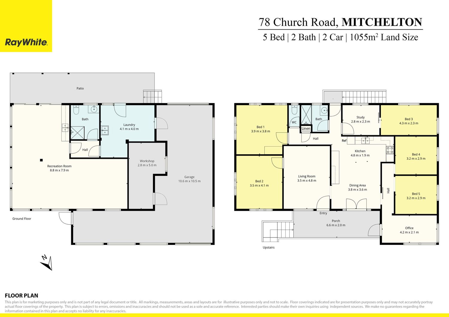 Two-level floor plan of a house in Mitchelton, 5-bed 2-bath 2-car home on 1055sqm land.