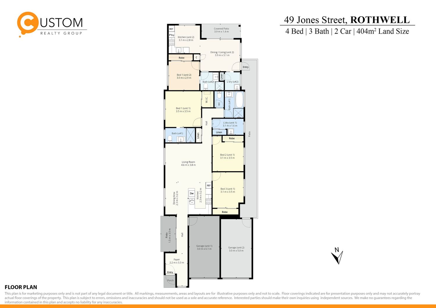 Floor plan of a 4-bedroom, 3-bathroom home with 2-car garage at Rothwell, 400sqm land.