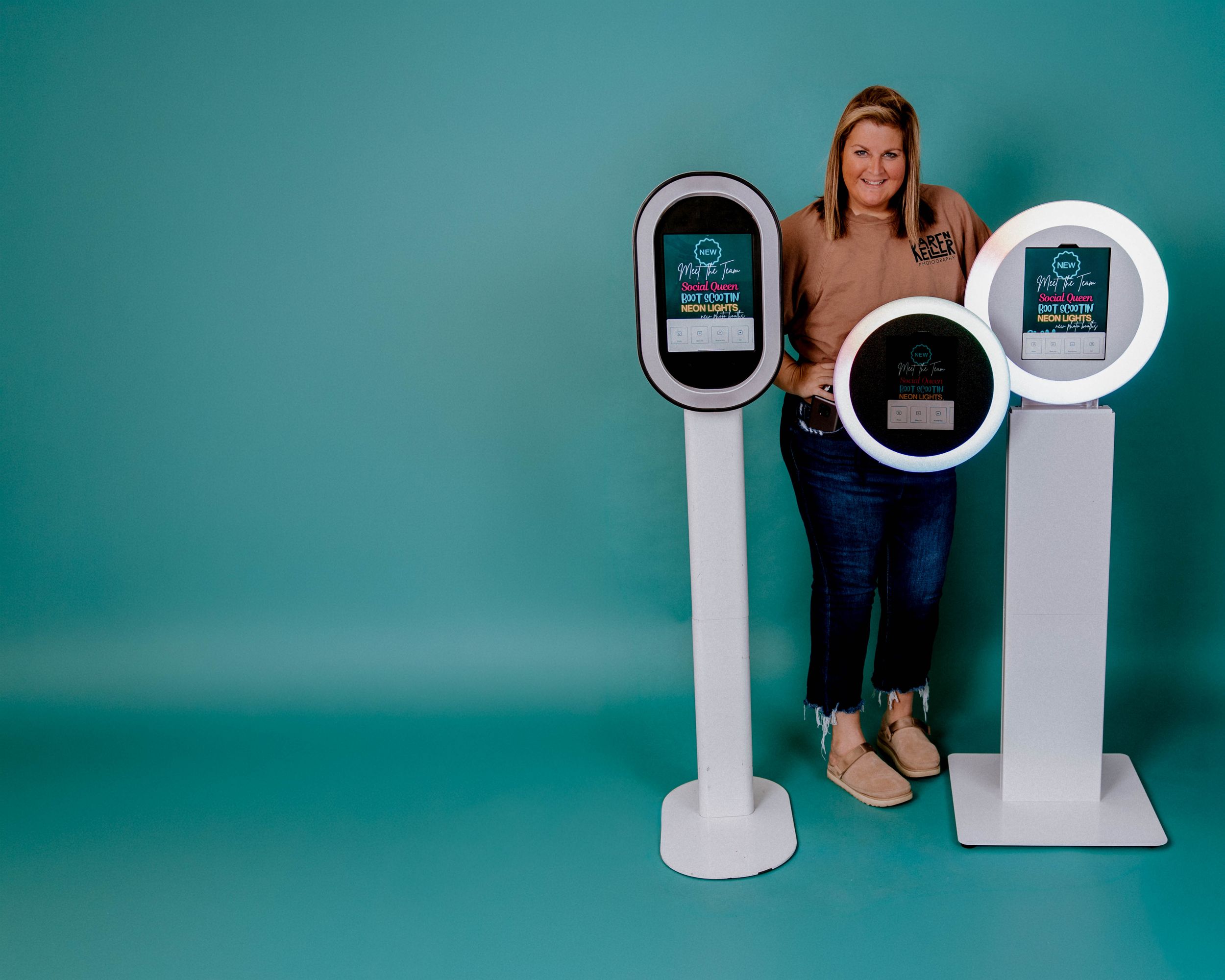 A series of white smart home security devices shown against a teal background in a product photography layout.