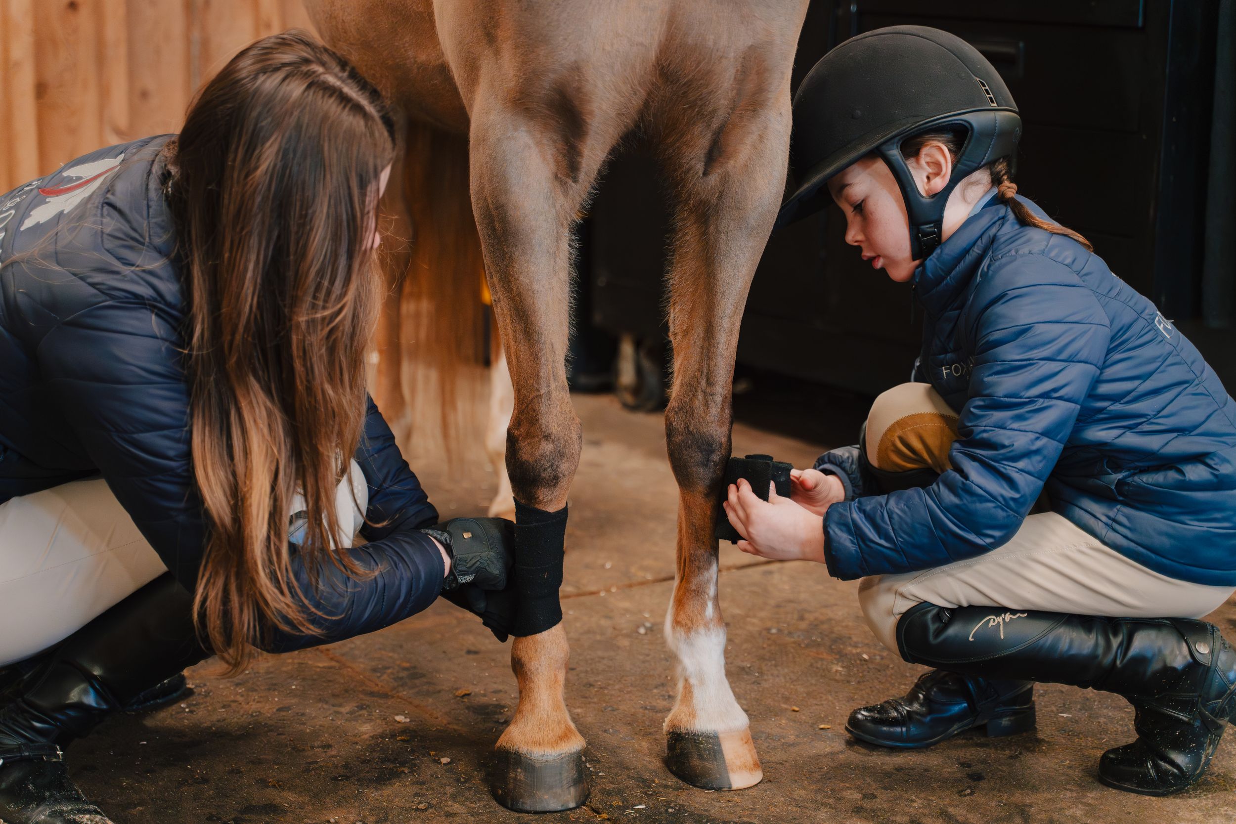 A series of close-up shots showing someone wrapping a horse's leg with protective bandages in a wooden stable.