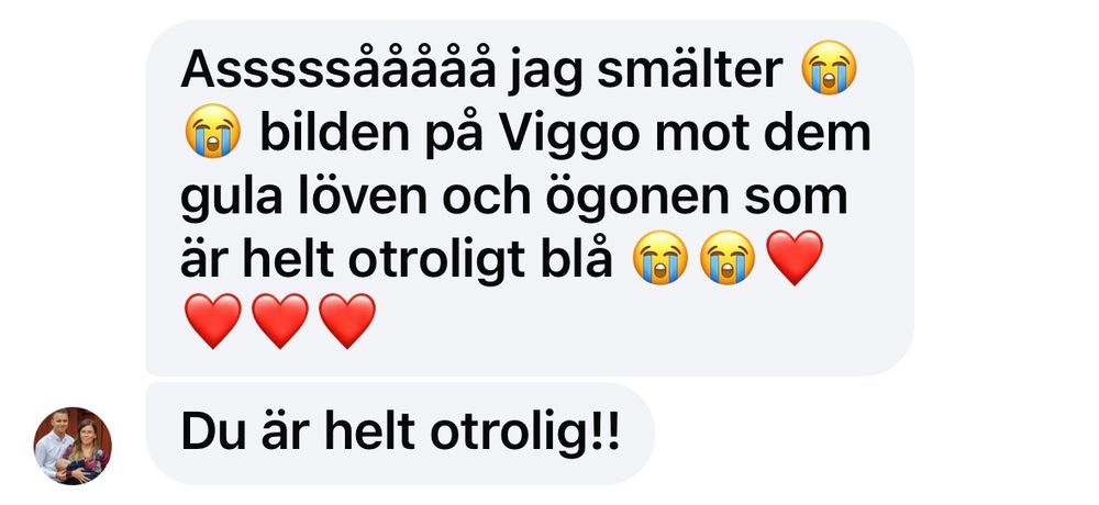 Swedish social media comments praising a photo of Viggo with yellow leaves and striking blue eyes.