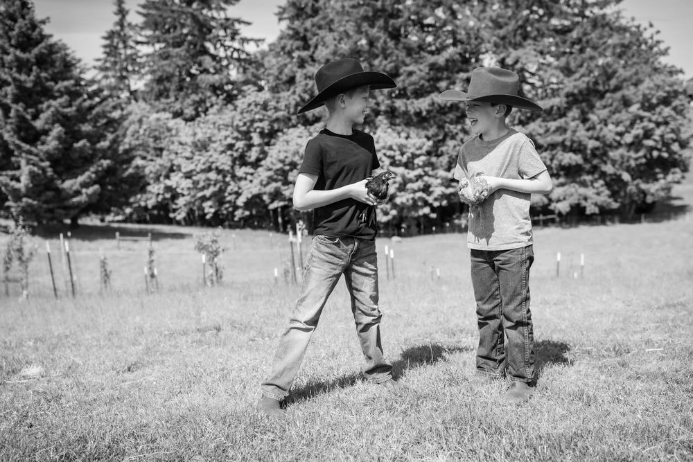 Two boys in cowboy hats chat and play in a grassy field with trees in the background.