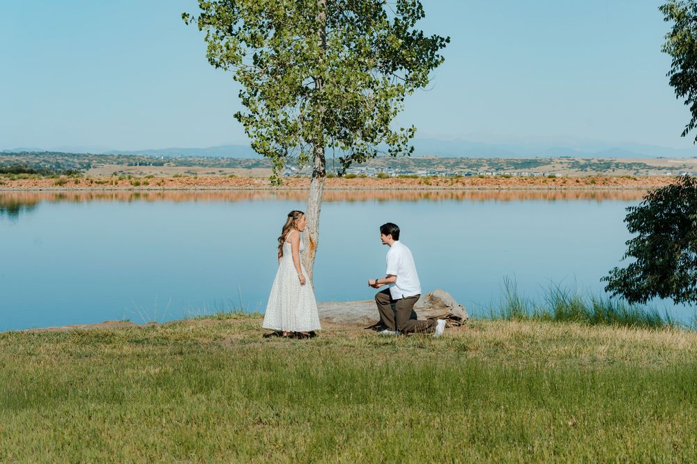 Man proposing to woman in white dress by a serene lake under a tree on a sunny day.