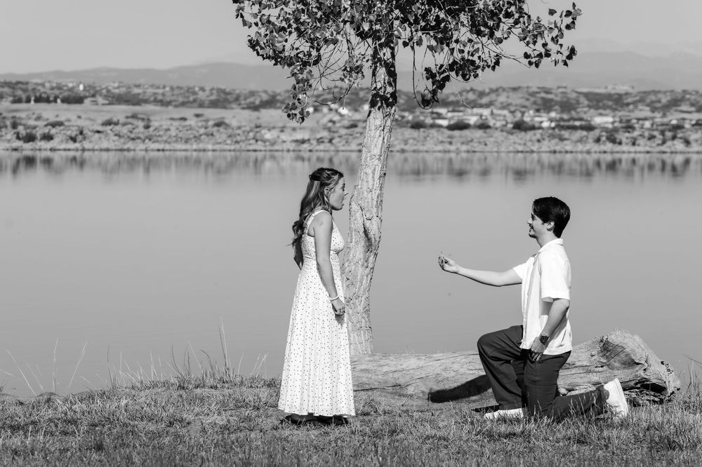 Black and white photo of a man on one knee proposing to a woman in a white dress by a lake near a tree.