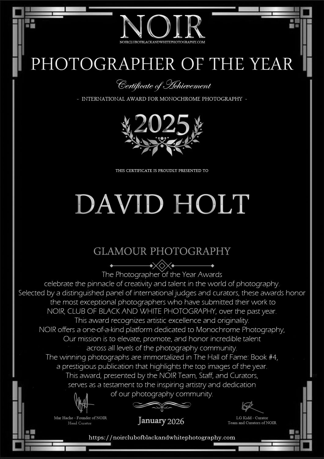 David G Holt Photography - Black and silver award certificate with ornate border design.