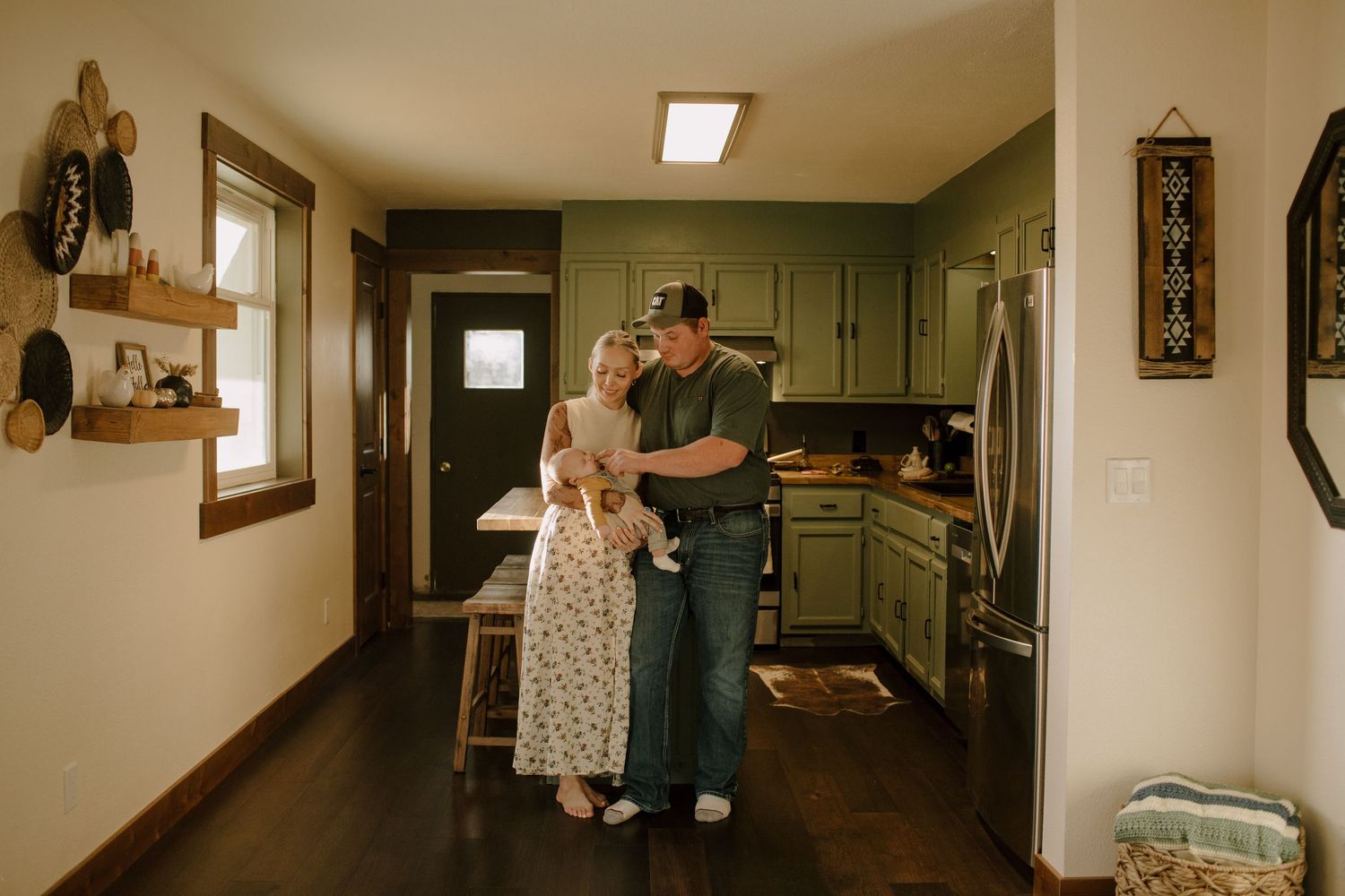 A cozy kitchen scene with warm lighting and vintage decor.