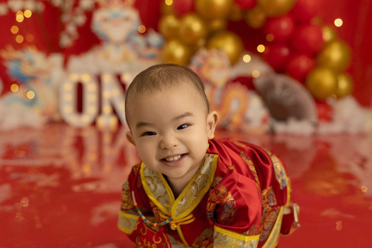 Festive scene with red and gold balloons creating a warm holiday atmosphere with traditional Chinese decorations.