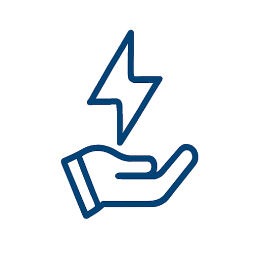 Blue outline icon of a hand holding a lightning bolt symbolizing fast or powerful service.