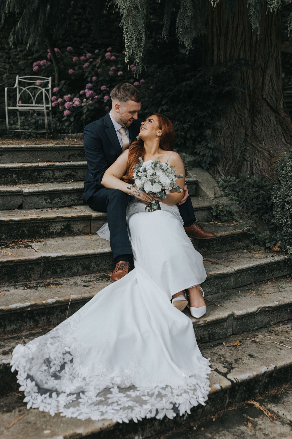 browsholme and the tithe barn wedding photography bride groom Italian steps