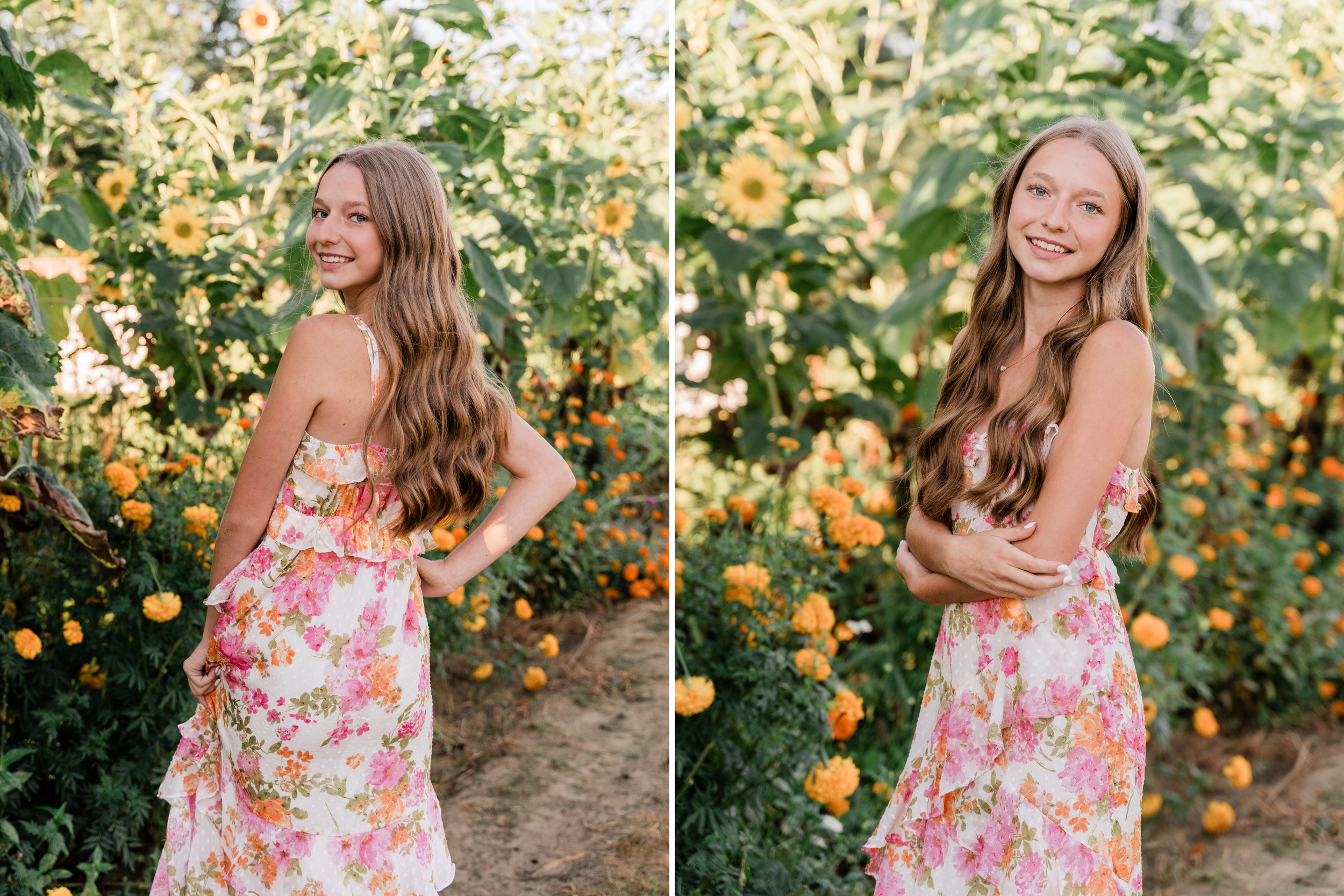 A person in a floral sundress poses gracefully in front of blooming orange citrus trees in a garden setting.