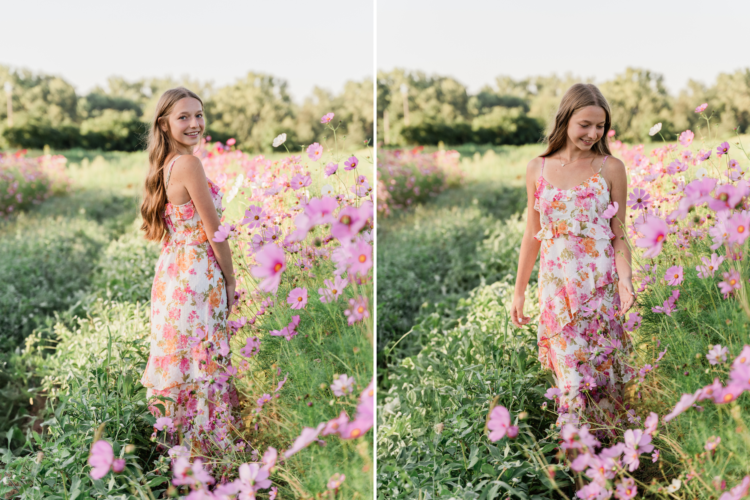A pink floral dress flows in the breeze among vibrant cosmos flowers in a summer garden.