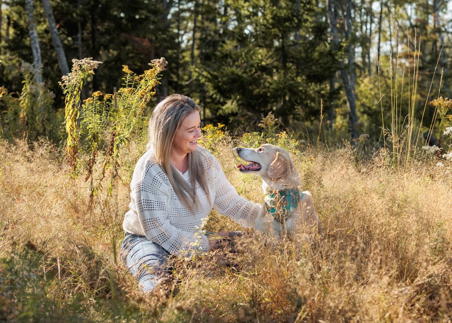 A family enjoys a golden autumn afternoon together in a sunlit meadow with tall grass and trees.