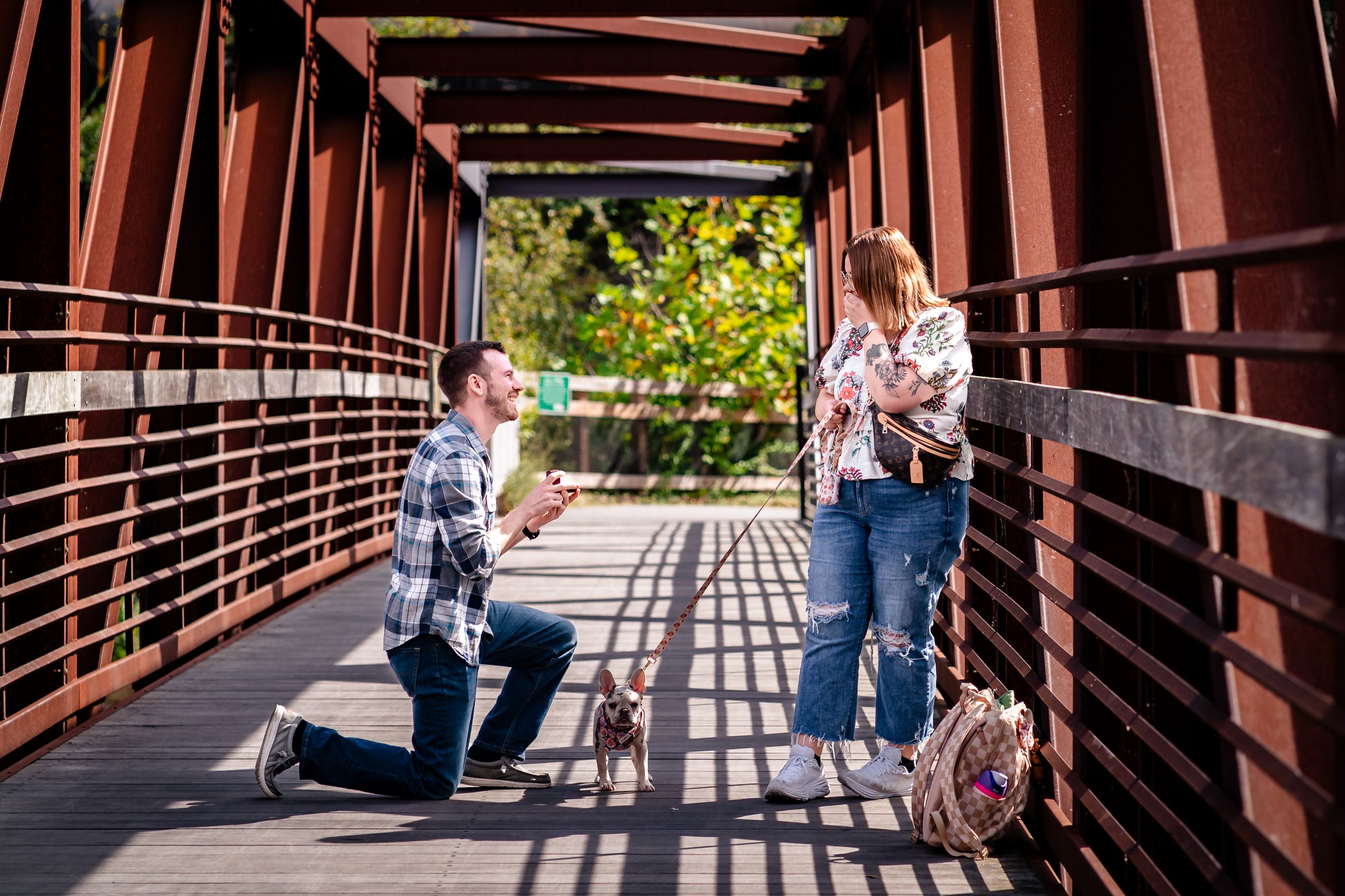 Long wooden bridge walkway with sunlight casting dramatic shadows through railings in a natural setting.