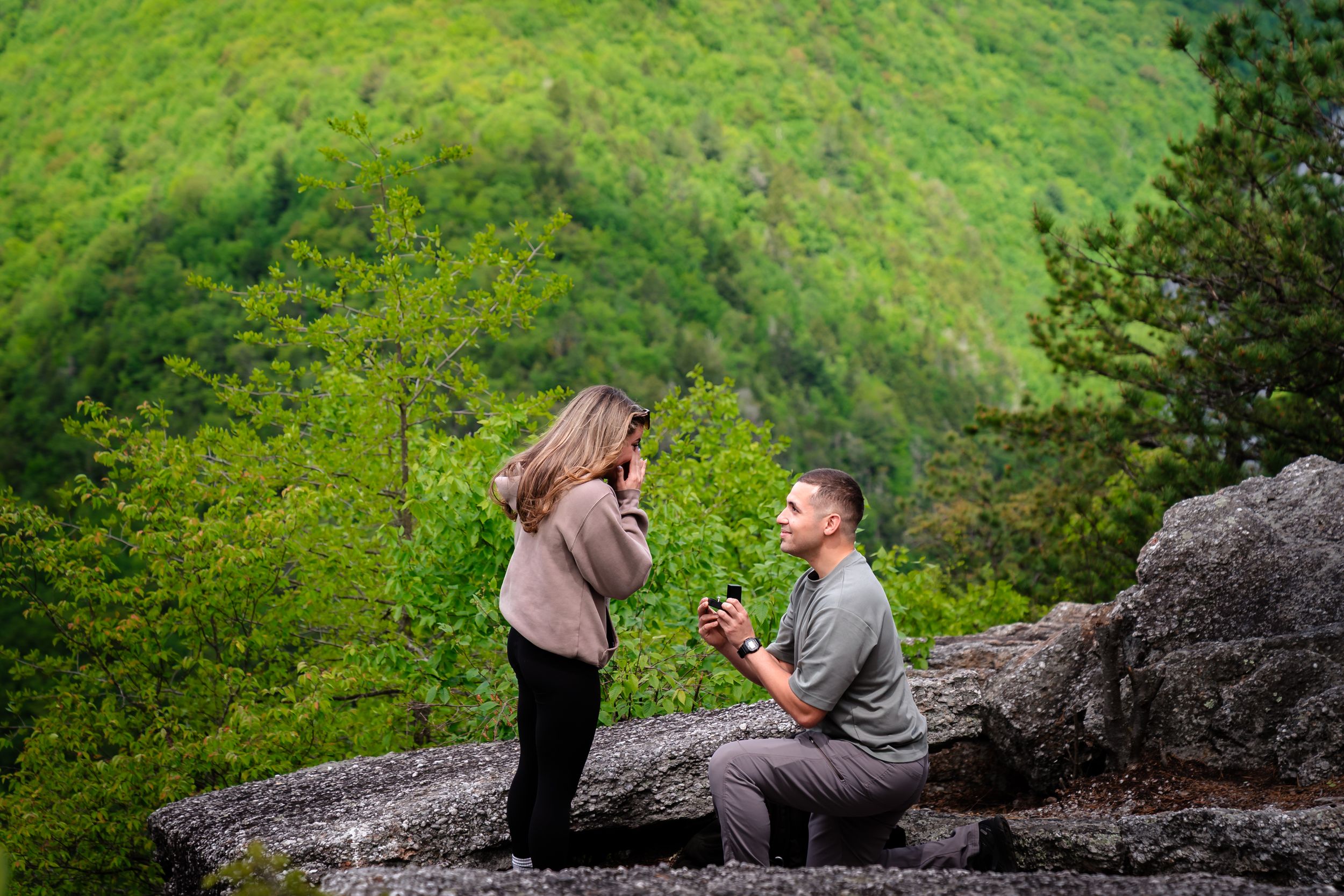A romantic marriage proposal moment unfolds on a scenic mountain overlook surrounded by lush green forest.