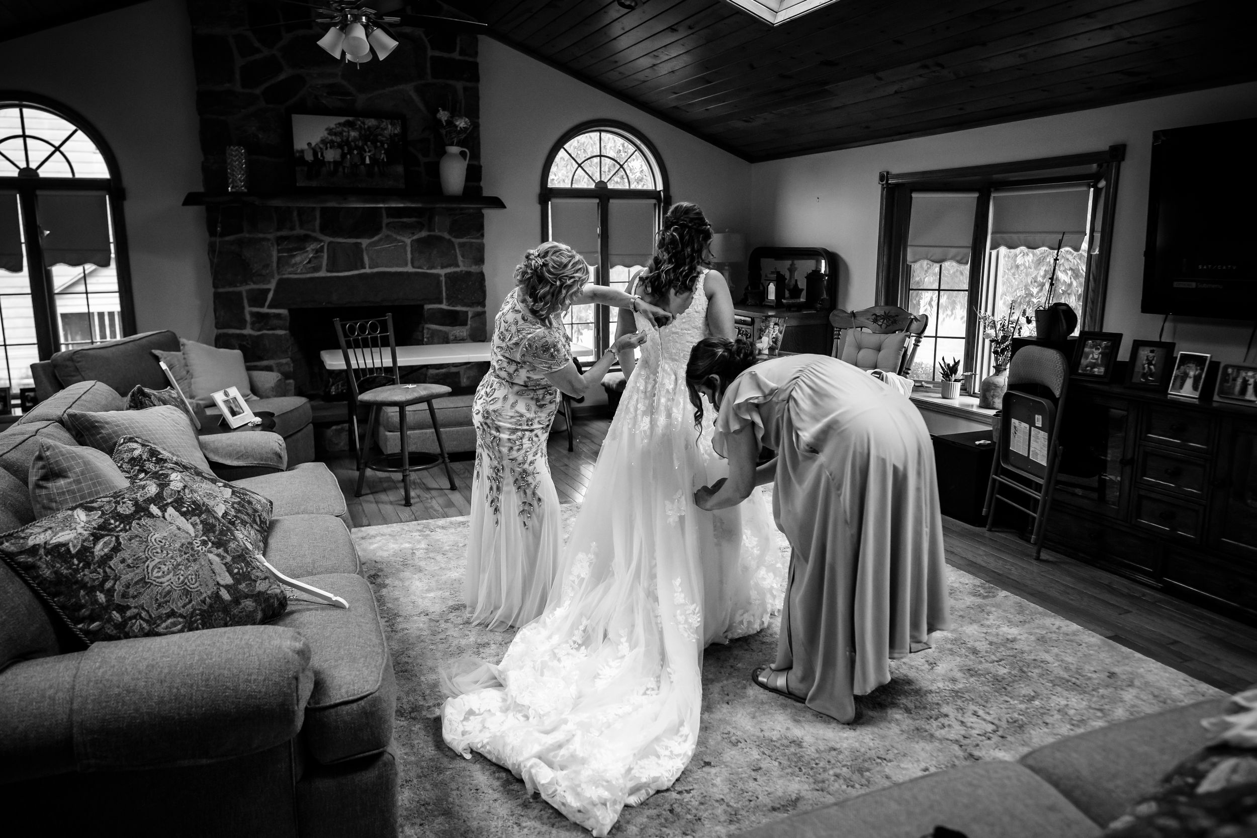 A series of black and white wedding photos showing interior church scenes with bridal veils and formal decor.
