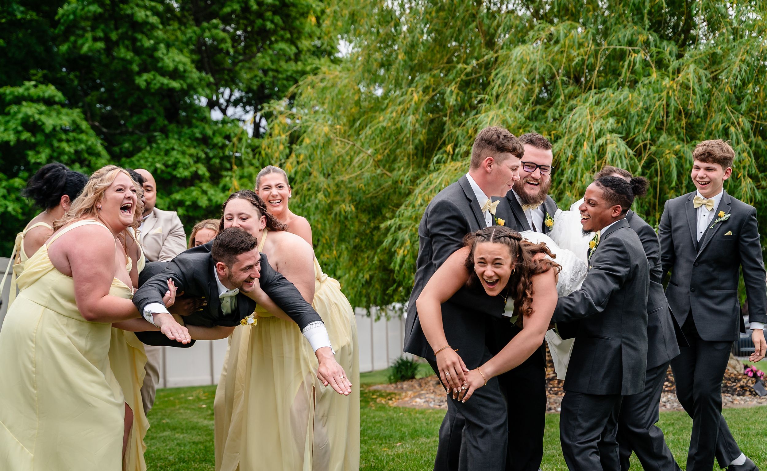 A collection of wedding party photos showing joyful moments and embraces in an outdoor garden setting.
