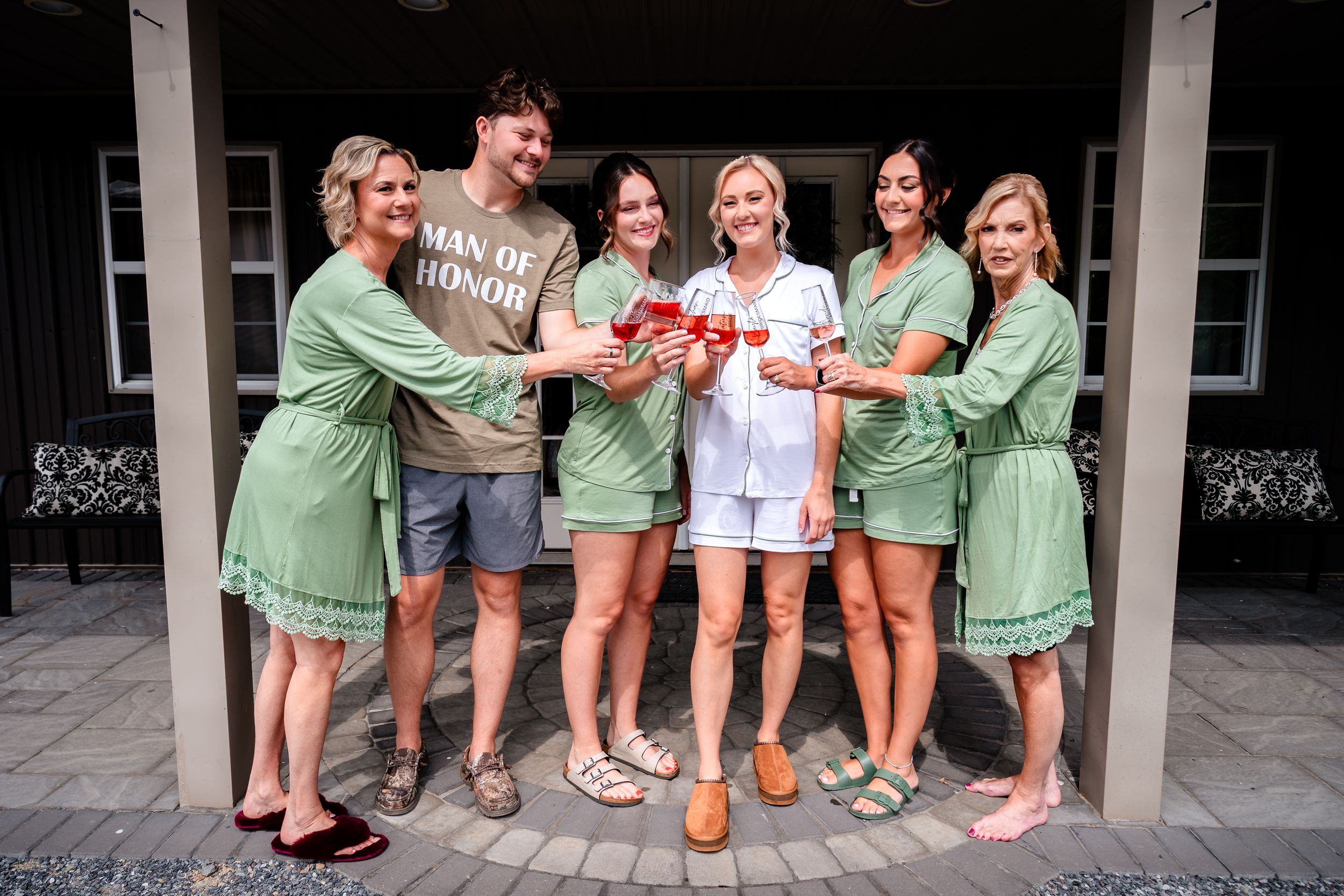 A group of people wearing green and white outfits pose together in a series of casual outdoor photos.