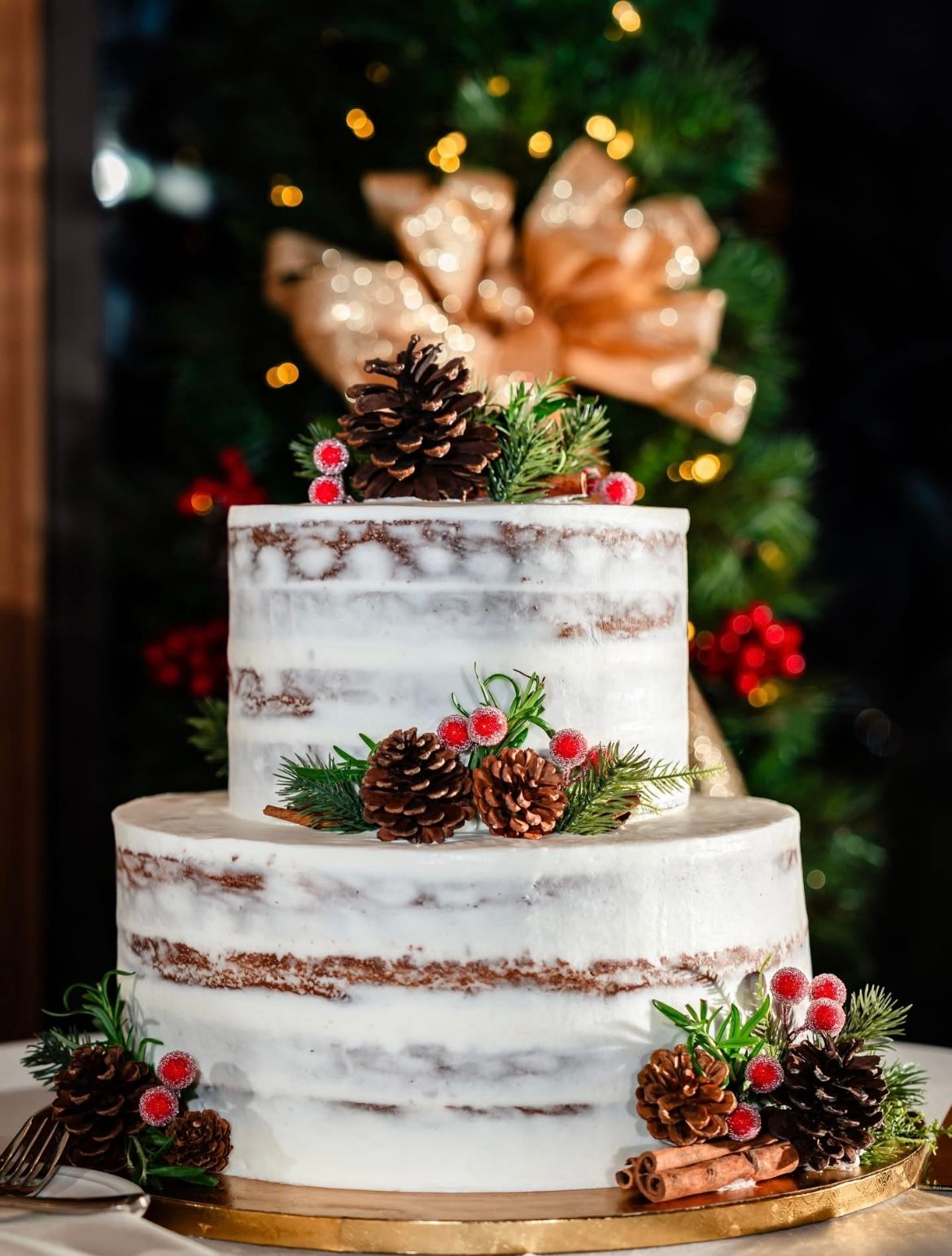 Rustic naked wedding cake decorated with pine cones, cranberries and greenery for winter celebration.