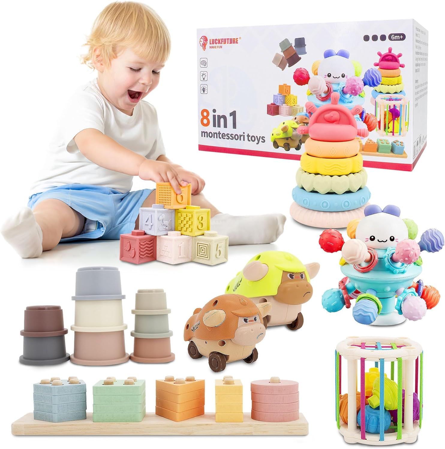 Colorful wooden stacking toys and educational baby blocks arranged in a row showing various developmental toys and games.