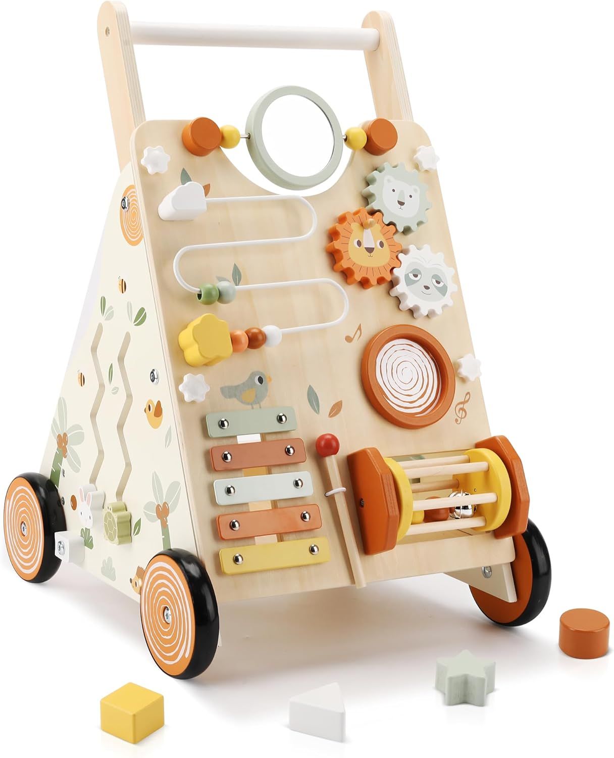 Wooden baby walker with interactive toys and animal figures in soft pastel colors shown from multiple angles.