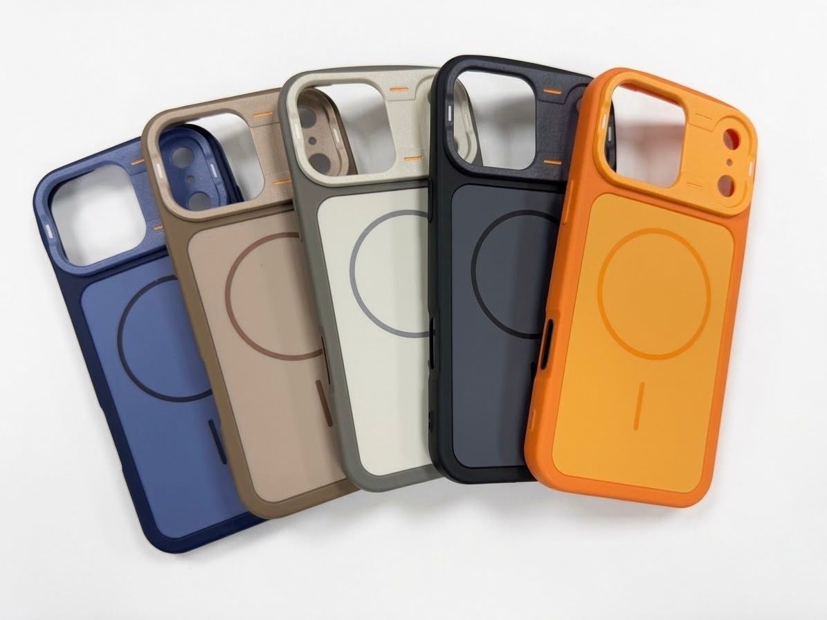 Five colorful MagSafe iPhone cases displayed in blue, tan, gray, dark, and orange with camera cutouts.