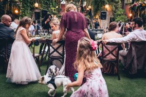 Outdoor evening wedding reception with string lights and guests dining in garden setting.
