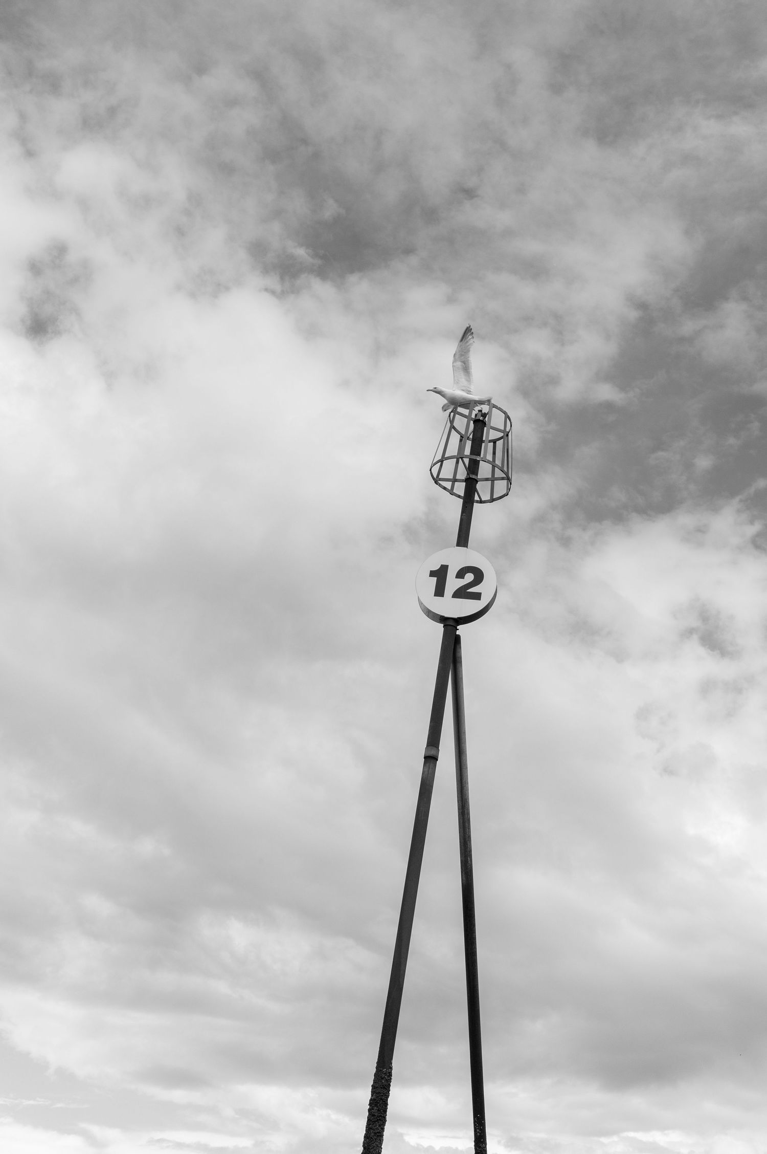 A tall pole with number 12 and metal cage structure at top against cloudy sky in black and white.
