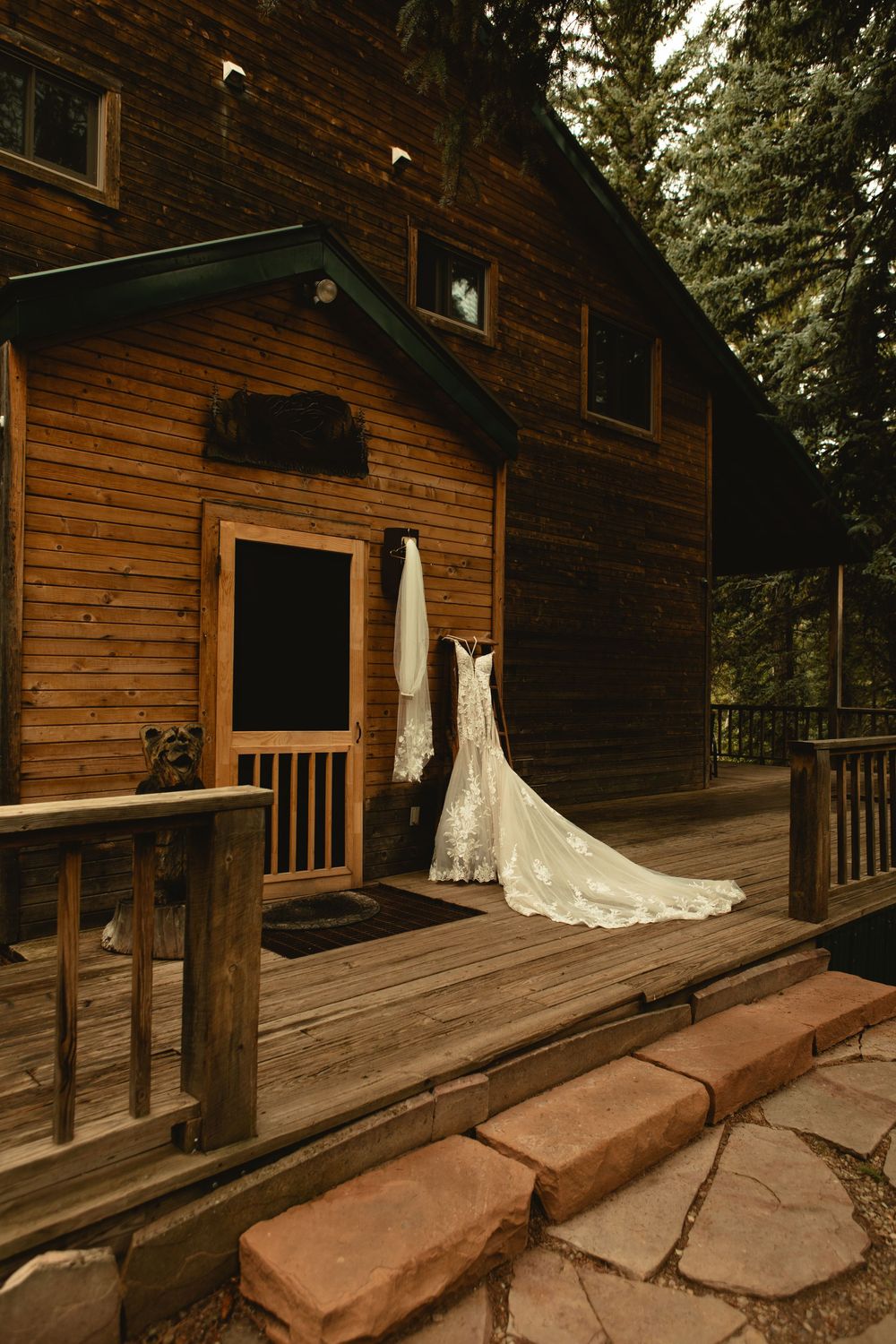 Wedding dress detail outside of air bnb in colorado