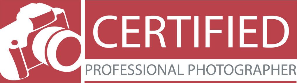 Red and white logo design for certified professional photographer certification with camera icon.