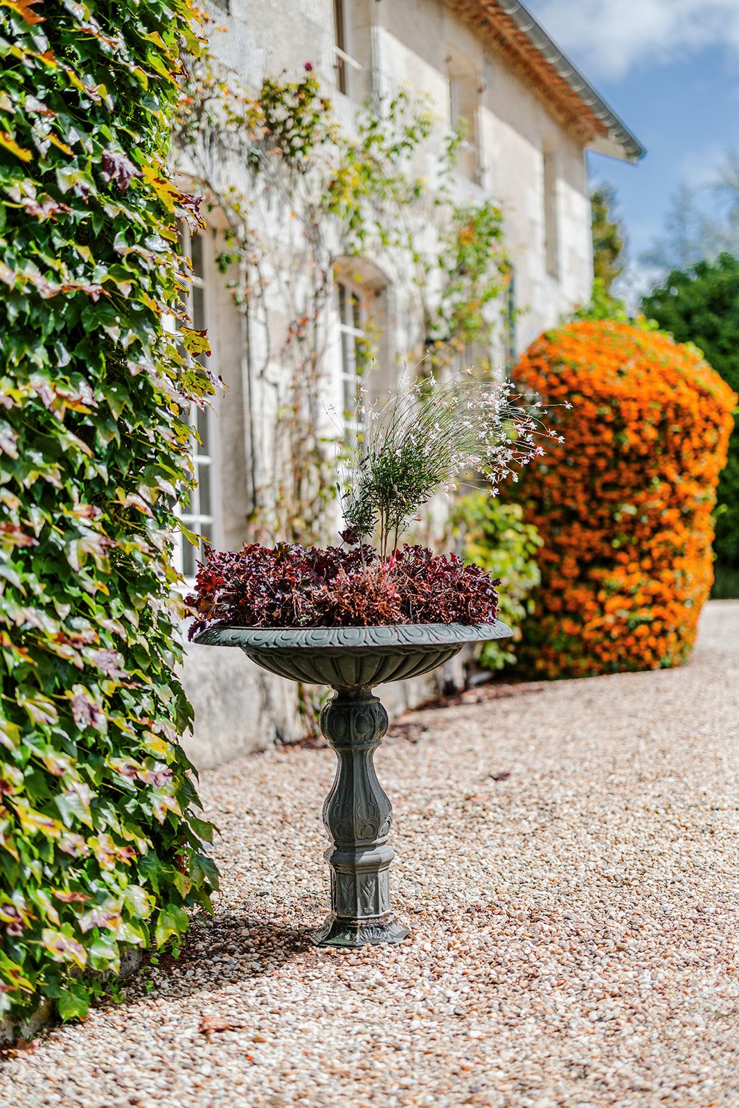 Decorative black iron birdbath stands on gravel path with vibrant orange and burgundy flowers along white building wall.