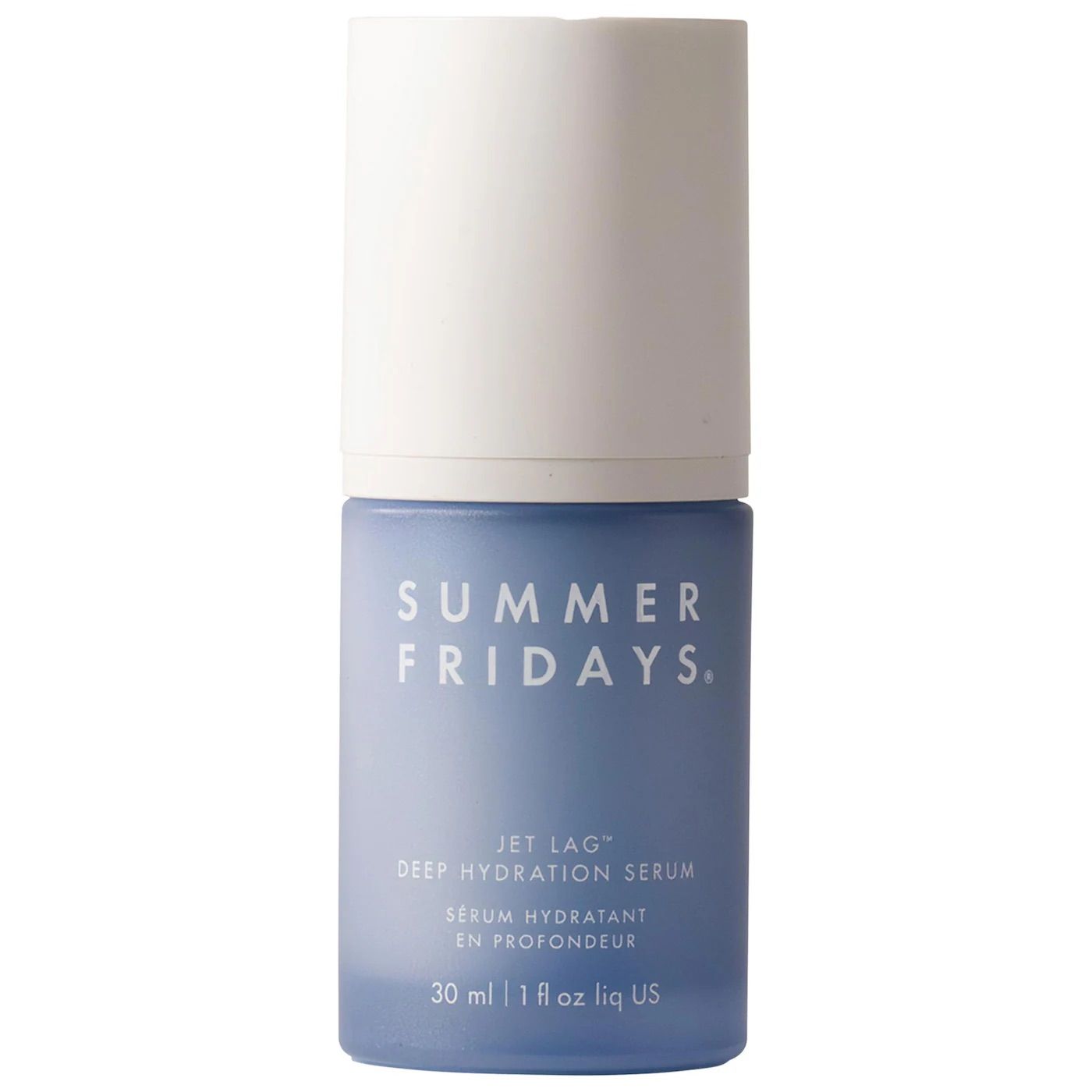 A blue skincare serum bottle from Summer Fridays brand shown from three different angles against a white background.
